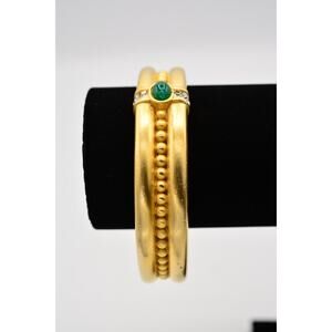 Givenchy Vintage Cabochon Bangle Bracelet Green Crystal Chunky Brushed Gold Bin6